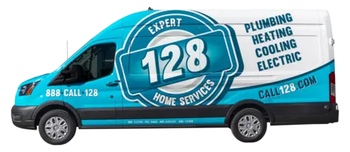 Blue and white van with “128 Expert Home Services” branding, advertising plumbing, heating, cooling, electric services, and a phone number: 888 CALL 128.