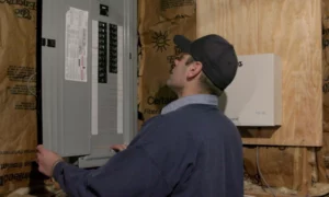 Call 128 Electrician working on an electrical panel in Melrose, MA