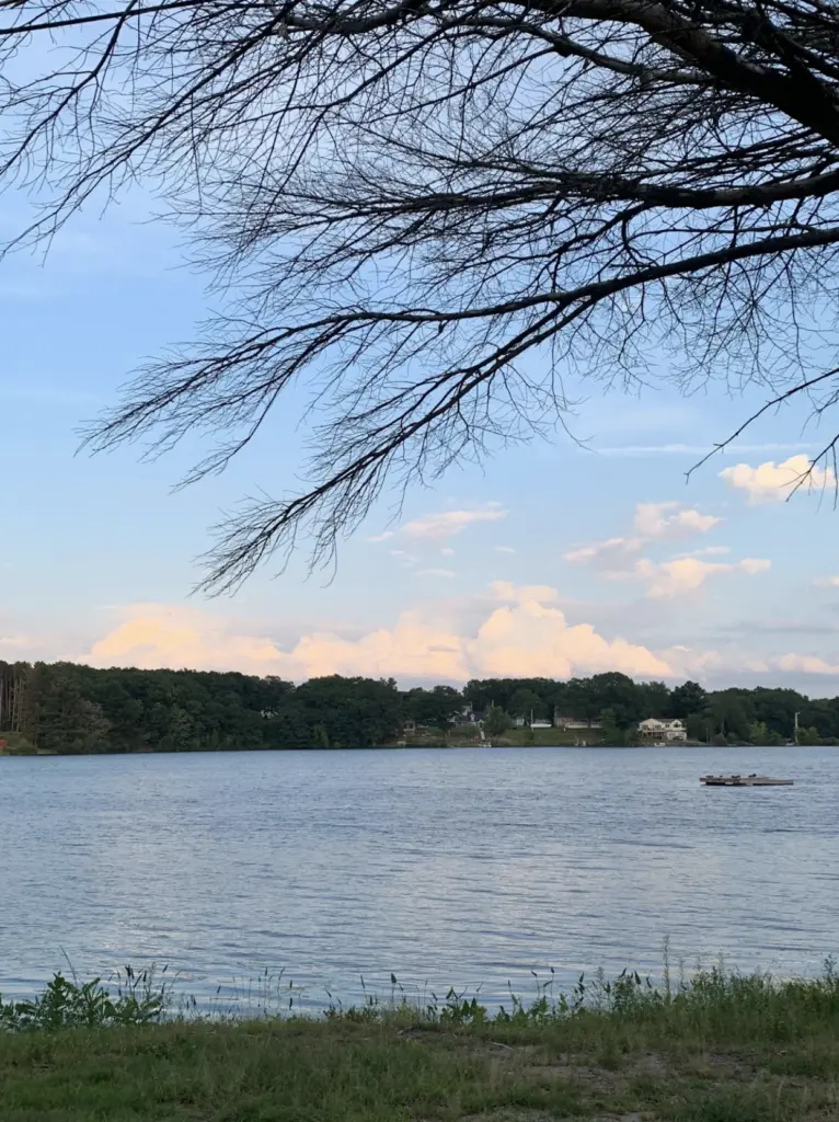 Chelmsford pond at twilight. Blue sky with white and pink clouds.