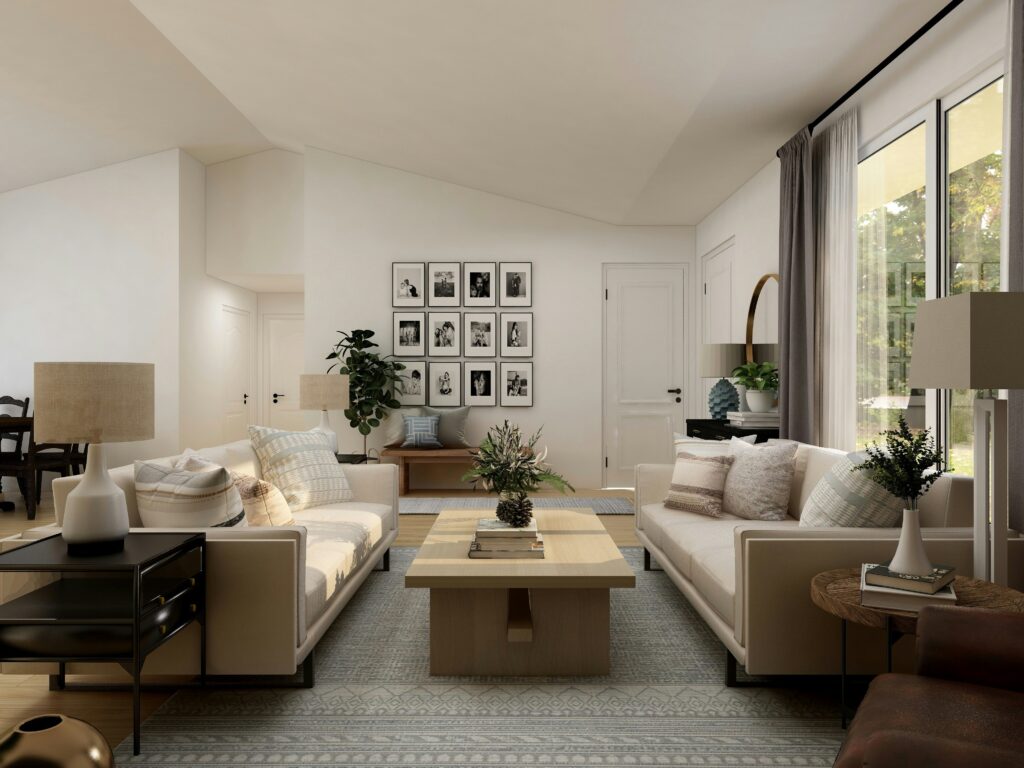 interior neutral living room with couches and coffee table 