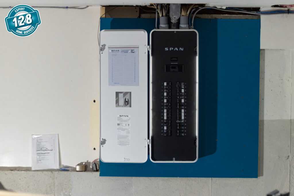 A SPAN smart electrical panel installed next to a traditional circuit breaker in a garage, with visible wiring at the top.
