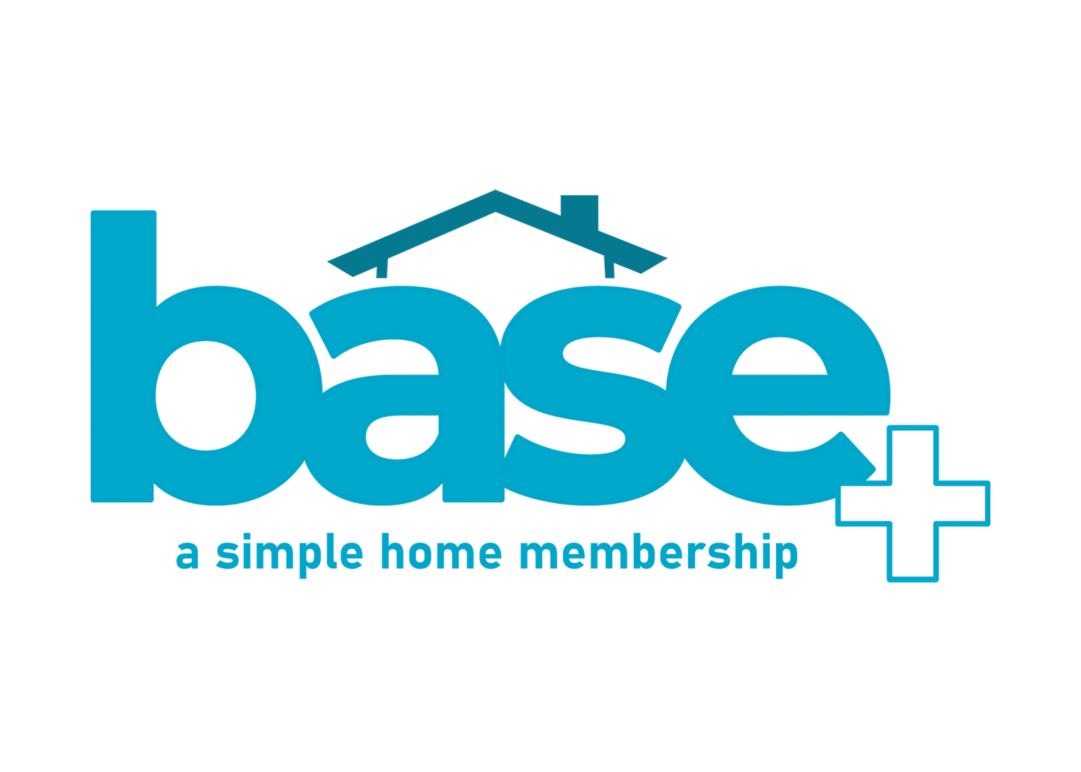 Logo for "base+" featuring a stylized house outline above the word "base" with the tagline "a simple home membership" beneath.