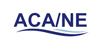 ACA/NE logo with two stylized blue wavy lines beneath the text, partnered with 128 Plumbing Partners, on a white background.