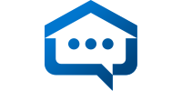 A blue and white house icon with a speech bubble containing three dots in the center, representing 128 Plumbing Partners.