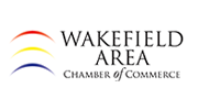 Logo of Wakefield Area Chamber of Commerce, partnered with 128 Plumbing Partners, featuring three curved lines in red, yellow, and blue on the left and the organization name in black text on the right.