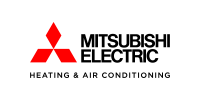 Mitsubishi logo featuring three red diamonds forming a triangular shape next to the word "Mitsubishi" in black text, as seen with 128 Plumbing Partners.