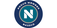Circular badge with the text "Proud Member NASSCO" surrounding a stylized letter "N" in the center, on a dark blue background, highlighting our connection with 128 Plumbing Partners.