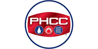 PHCC logo featuring white "PHCC" text on a red oval background with water, fire, and air icons below, all enclosed in a blue circle—a proud symbol of the 128 Plumbing Partners network.