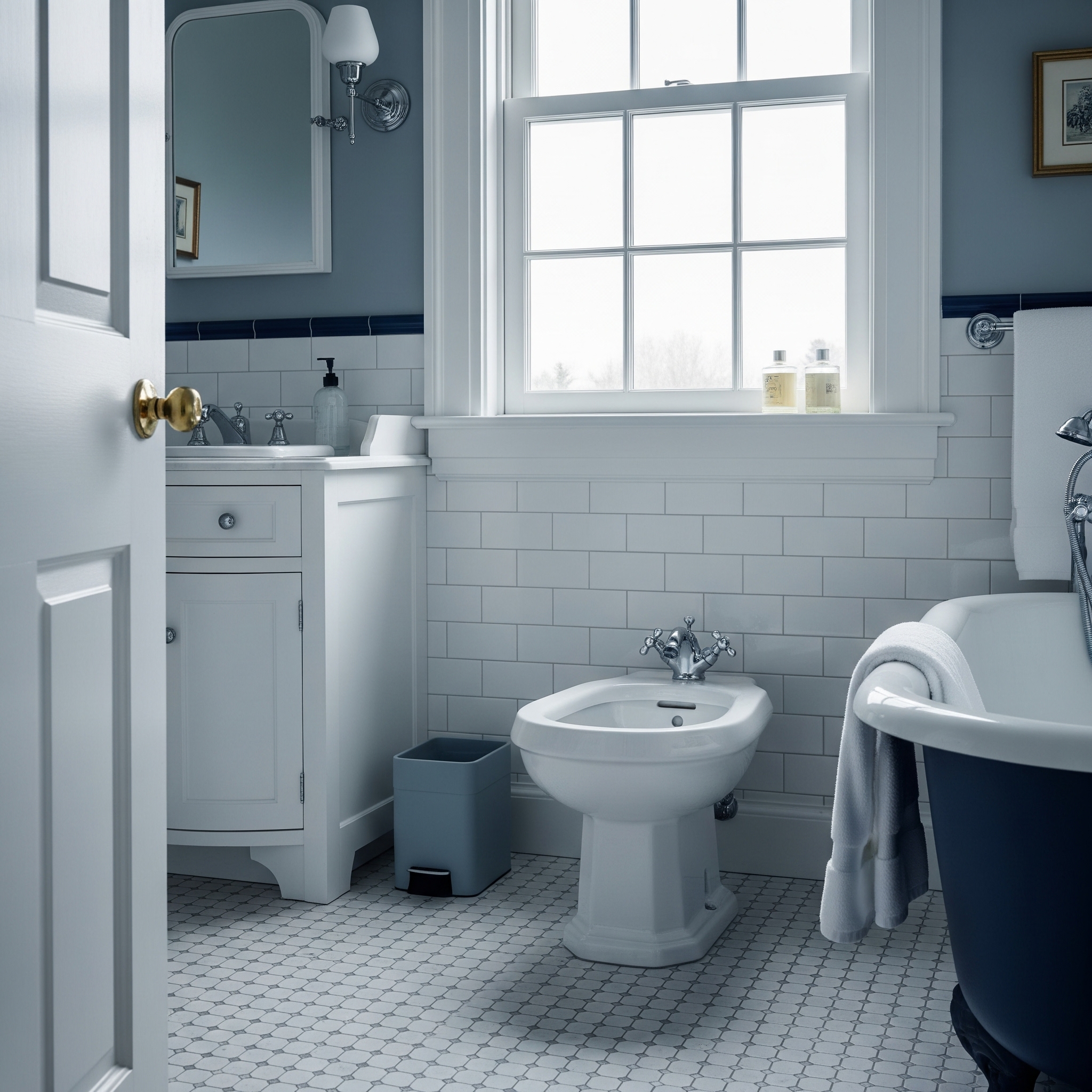A bathroom with white tile walls and floor, a bidet, a bathtub, a vanity with a sink, a waste bin, and a window letting in natural light.