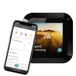 A smart thermostat displaying temperature and time is shown next to a smartphone with a home automation app interface, illustrating an efficient smart home install.