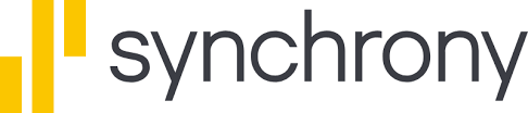 Synchrony logo featuring the word "synchrony" in black lowercase letters, with three vertical yellow bars of varying heights on the left, representing innovative financing solutions.