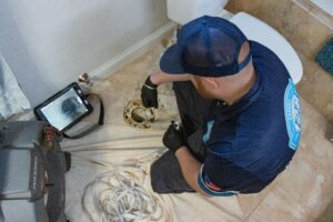 A plumber wearing gloves and a cap inspects a toilet flange on a bathroom floor, with tools, hoses, and an inspection camera nearby.