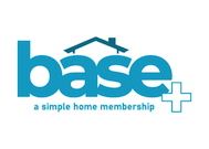 Blue "base+" logo with a roof graphic over the word "base" and the tagline "a simple home membership" underneath on a white background.
