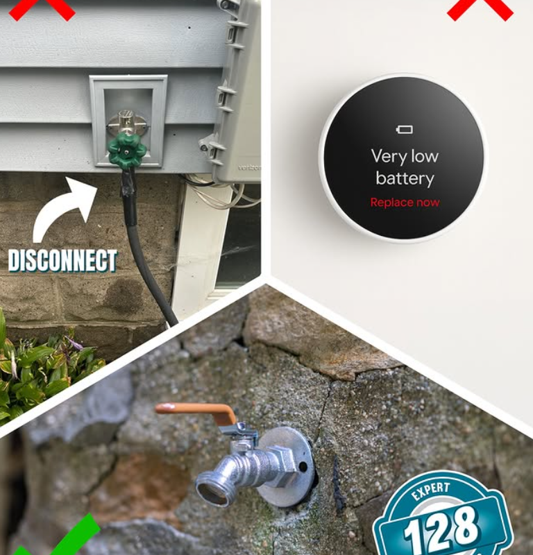 Split image showing: top left, a hose connected to an outdoor faucet marked "DISCONNECT"; top right, a device reading "Very low battery"; bottom, a different outdoor faucet with a check mark.