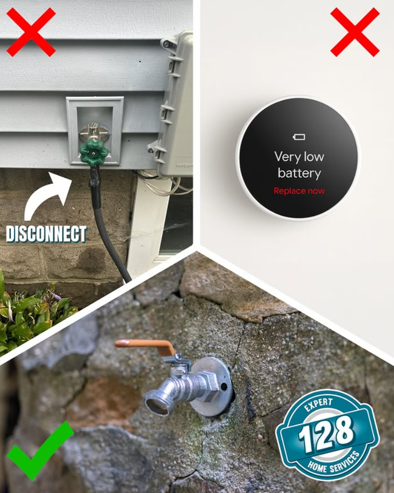 Split image showing: top left, a hose connected to an outdoor faucet marked "DISCONNECT"; top right, a device reading "Very low battery"; bottom, a different outdoor faucet with a check mark.