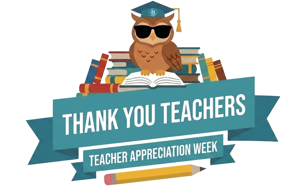 An owl wearing sunglasses and a graduation cap sits on books above an open book. A banner reads "Thank You Teachers" and "Teacher Appreciation Week" with a pencil below.