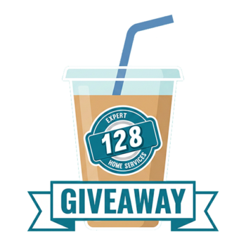 Illustration of a drink cup with a straw, featuring a "128 Expert Home Services" badge and a banner that reads "Giveaway.