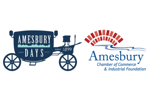 Logos for Amesbury Days featuring a horse-drawn carriage and Amesbury Chamber of Commerce & Industrial Foundation with a red bridge and blue river design.