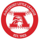Red and white Amesbury Little League logo with a stylized letter "A" and hawk, surrounded by baseball stitching and text "AMESBURY LITTLE LEAGUE" and "EST. 1952.