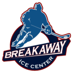 Logo for Breakaway Ice Center featuring a blue silhouette of a hockey player skating with a stick, with "Breakaway Ice Center" text below.