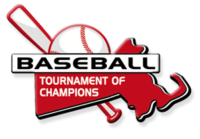 Logo for the Bay State Baseball Tournament of Champions featuring a bat, ball, and red outline of Massachusetts.