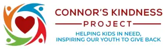 Logo for Connor's Kindness Project with colorful figures around a red heart and text: "Helping kids in need, inspiring our youth to give back.