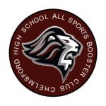 Circular logo for Chelmsford High School All Sports Booster Club featuring a stylized lion head in the center on a maroon background.