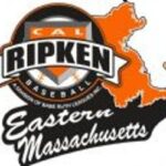 Logo for Cal Ripken Baseball Eastern Massachusetts, featuring a baseball and an orange outline of Massachusetts.