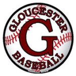 A baseball with red stitching features a large red letter "G" in the center and the words "Gloucester Baseball" in red around it.
