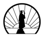 Silhouette of a graduate holding a diploma, standing on a hill with a sunrise or sunset in the background, enclosed in a semi-circular frame.