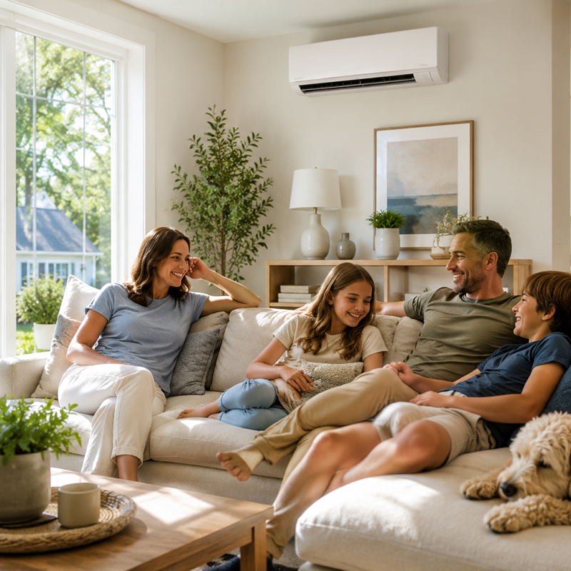 A family of four sits on a sofa in a bright living room with large windows, plants, and a dog lying nearby, smiling and talking together, comfortably cooled by their ductless mini-split system.