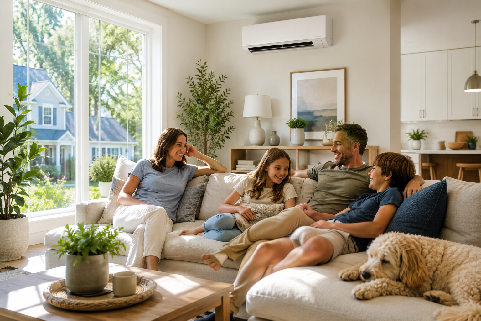 A family of four sits on a sofa in a bright living room with large windows, plants, and a dog lying nearby, smiling and talking together, comfortably cooled by their ductless mini-split system.