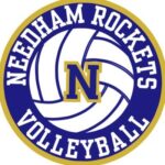 Circular logo for Needham Rockets Volleyball featuring a large volleyball graphic with a bold "N" in the center and the team name around the edge in white and gold on a blue background.