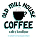 Logo for Old Mill House Coffee café and boutique, featuring a steaming coffee cup and the handle "@oldmillhousecoffee" below the text.