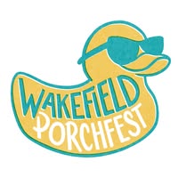 Yellow rubber duck wearing teal sunglasses with the words "Wakefield Porchfest" written on its body in teal and white letters.
