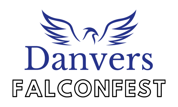 Logo with stylized blue falcon wings above the word “Danvers” in blue text and “FALCONFEST” in bold black letters below.
