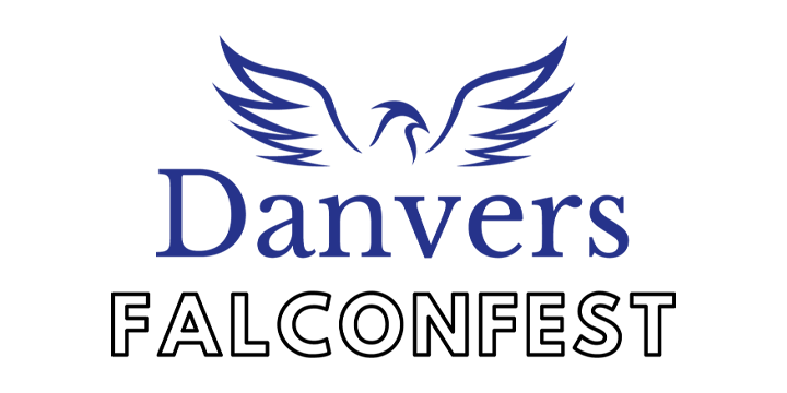 Logo with stylized blue falcon wings above the word “Danvers” in blue text and “FALCONFEST” in bold black letters below.