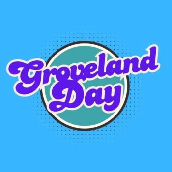 Text logo reading "Groveland Day" in purple cursive font over a green circle with a light blue background.