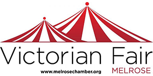 Logo with two red-and-white striped circus tents above the text "Victorian Fair MELROSE" and the website "www.melrosechamber.org" below.