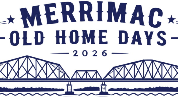 Logo for Merrimac Old Home Days 2026 featuring large text above an illustration of a truss bridge and water.