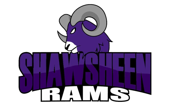 Logo showing a purple ram’s head above bold text reading "Shawsheen Rams" in black and white.