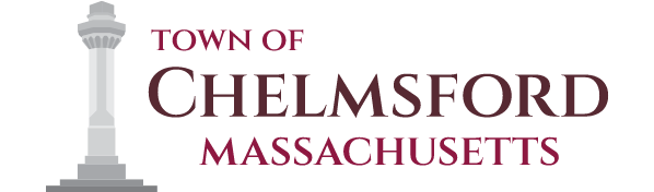 Logo for the Town of Chelmsford, Massachusetts, featuring a stylized tower graphic and the town name in bold burgundy text.