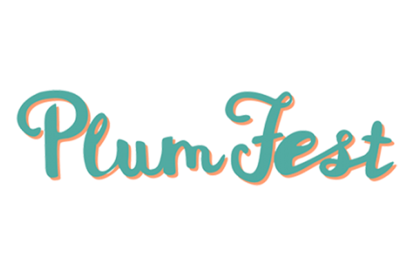 The image shows the words “Plum Fest” in teal script with an orange shadow on a plain white background.