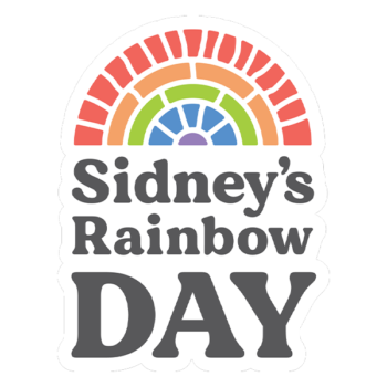 Sticker with a stylized rainbow arch above bold text that reads “Sidney’s Rainbow Day” in gray letters.