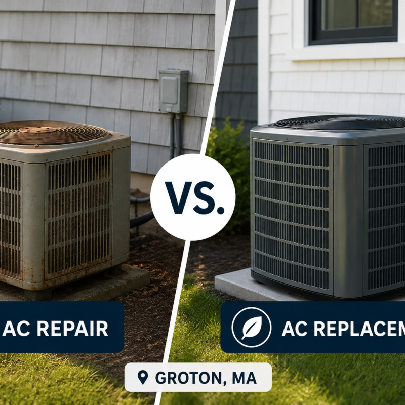 Side-by-side comparison of an old, rusted AC unit labeled “AC Repair” and a new AC unit labeled “AC Replacement,” with the location marked as Groton, MA.