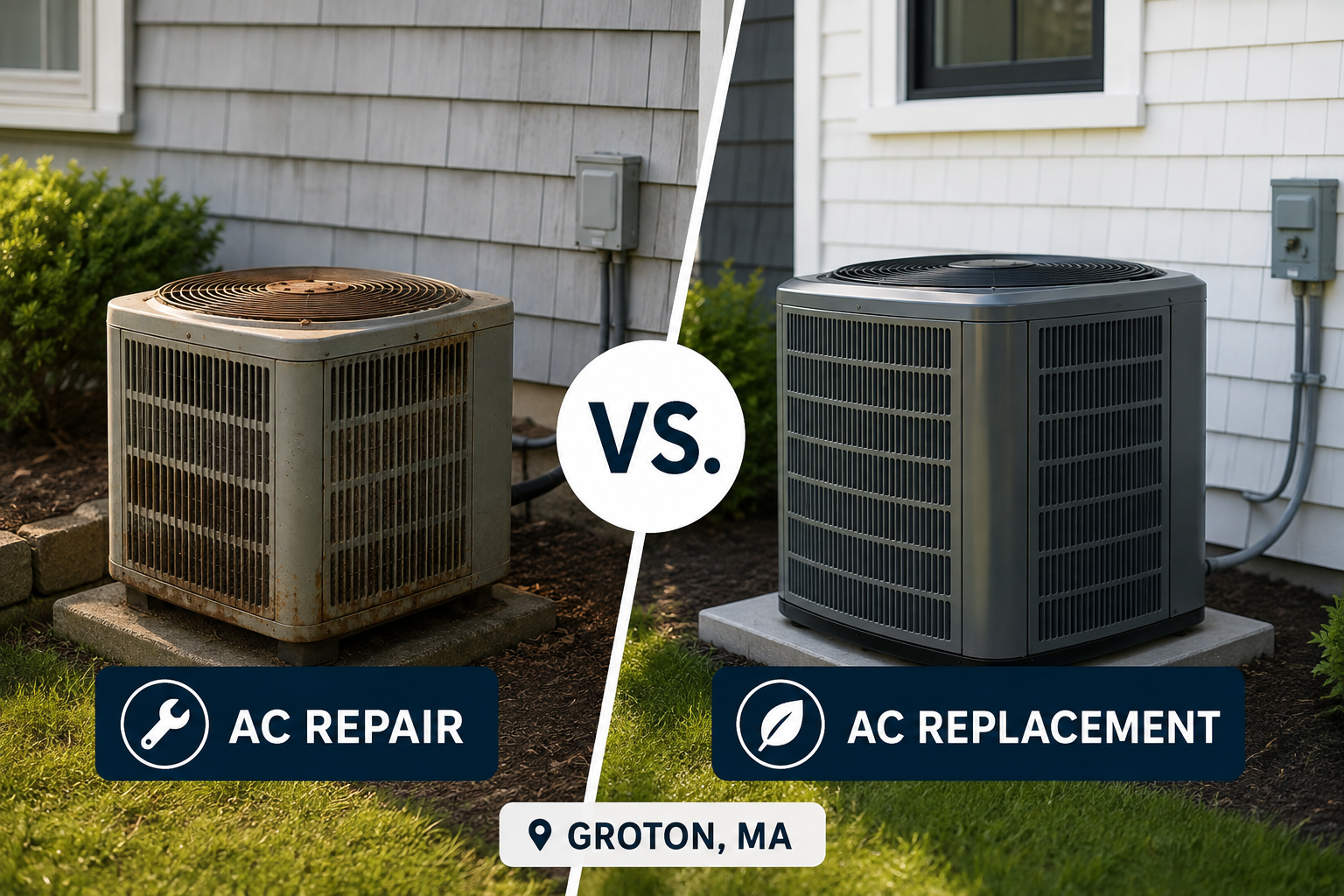 Side-by-side comparison of an old, rusted AC unit labeled “AC Repair” and a new AC unit labeled “AC Replacement,” with the location marked as Groton, MA.