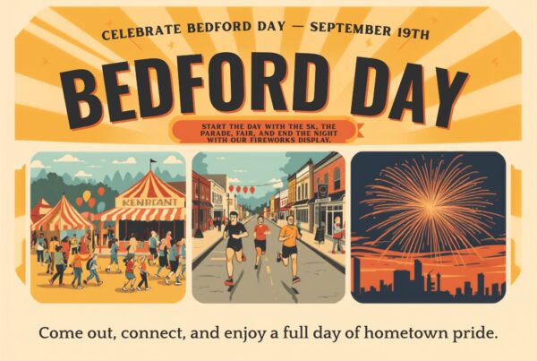 Poster for Bedford Day on September 19th, featuring a fair, a 5K run, a parade, and a fireworks display in a festive, small-town setting.