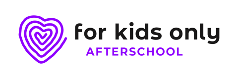 Logo with five purple outlined hearts on the left and the text “for kids only AFTERSCHOOL” in black and purple on the right.