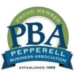 Logo of the Pepperell Business Association with “Proud Member” and “Established 1968” written around the acronym “PBA” in blue and green.