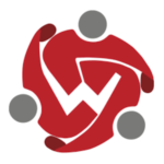 A red and white logo with three gray circles arranged around a stylized “W” formed by abstract human shapes linking arms.